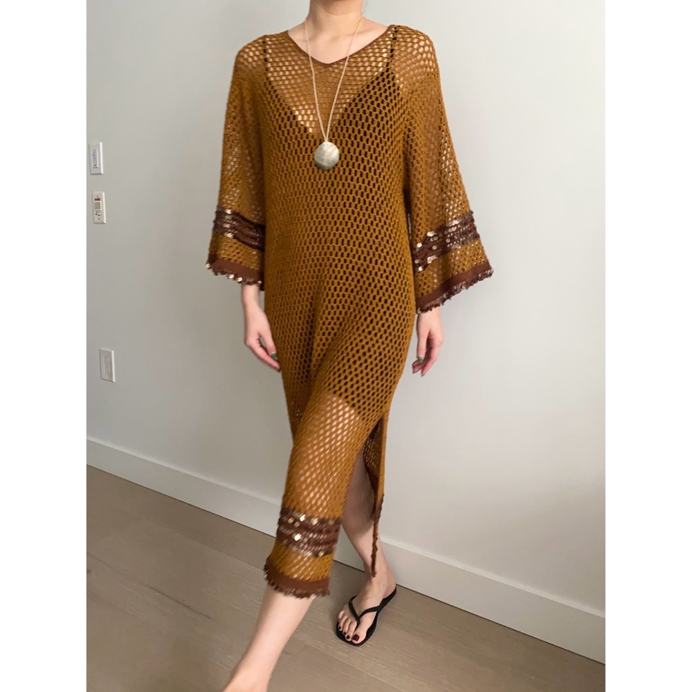 Zara mustard crochet knit bell sleeve sequin embellished kaftan dress